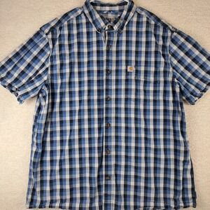 Carhartt Shirt Mens XL Blue Check Short Sleeve Relaxed Fit Plaid Button Up